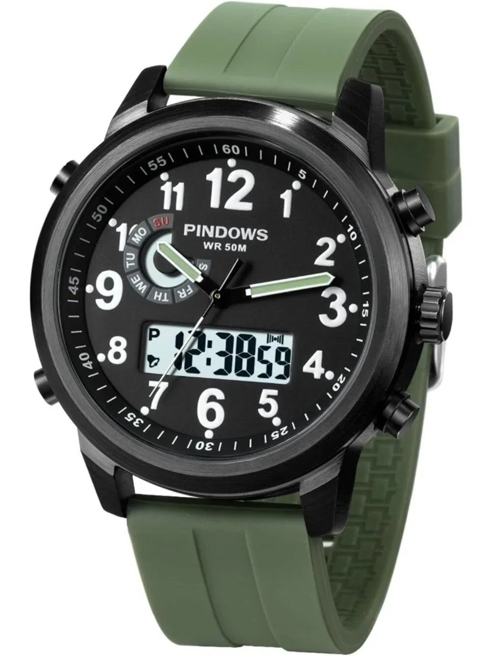 Men's Tactical Green/Black Digital Analog Multifunction Sport Casual Wrist Watch